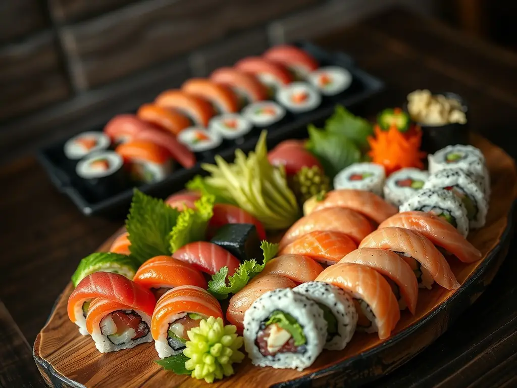 A beautifully arranged platter of Pan-Asian cuisine, featuring sushi, spring rolls, and other delicacies, ideal for a corporate gala dinner.