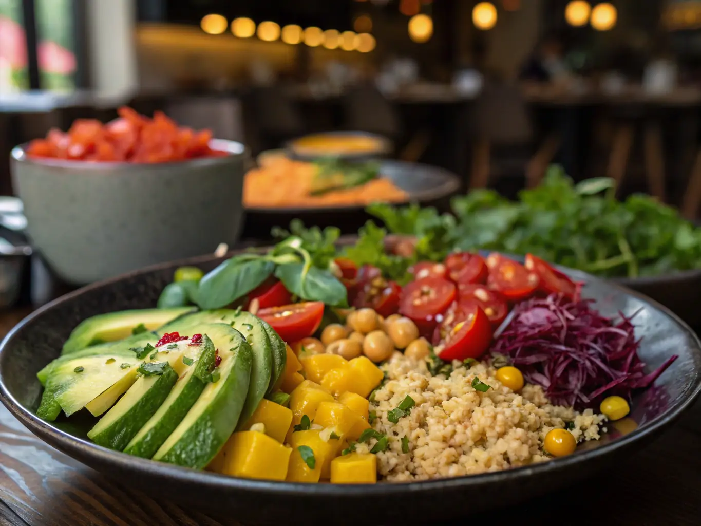 A close-up shot of a beautifully plated vegan dish, featuring fresh vegetables, plant-based protein, and a vibrant sauce, emphasizing the creativity and deliciousness of vegan catering options at Plated Moments.