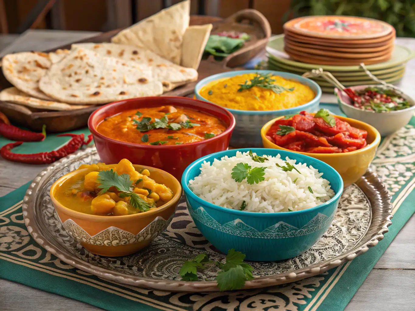 A vibrant and colorful spread of Indian dishes, including biryani, curries, and tandoori items, beautifully arranged on a buffet table, showcasing the rich culinary heritage of India.
