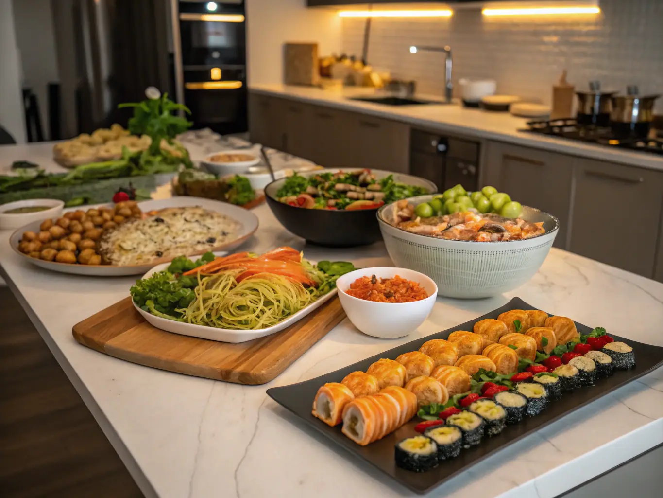A beautifully arranged table featuring a selection of Pan-Asian dishes, including sushi, spring rolls, and noodle dishes, highlighting the elegance and variety of Asian cuisine.
