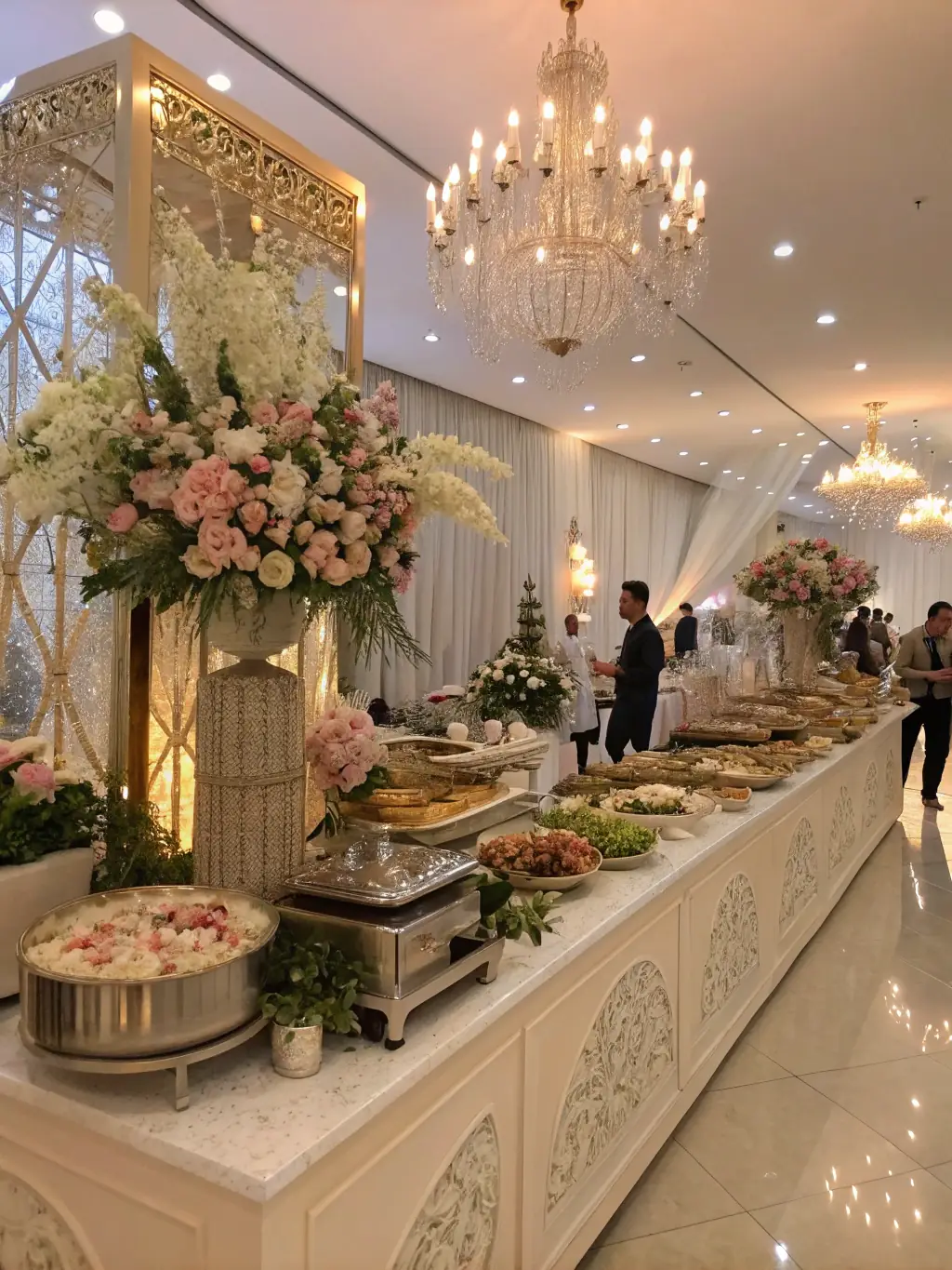 A beautifully decorated wedding reception with elegantly arranged tables and a buffet featuring a variety of Indian dishes, showcasing Plated Moments' expertise in wedding catering.