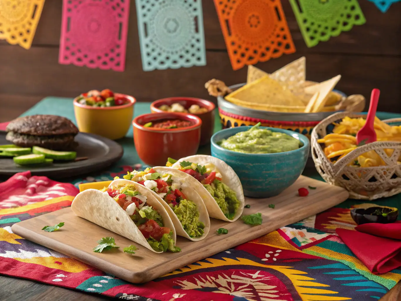 A festive display of Mexican dishes, including tacos, enchiladas, and guacamole, showcasing the vibrant colors and bold flavors of Mexican cuisine.
