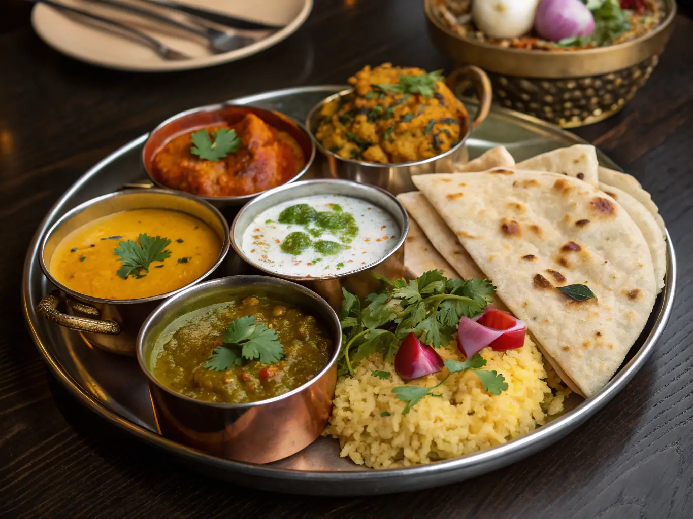 A vibrant and colorful vegetarian Indian Thali, showcasing a variety of vegetable curries, lentils, rice, and bread, beautifully arranged on a traditional platter, highlighting the richness and diversity of vegetarian cuisine offered by Plated Moments.