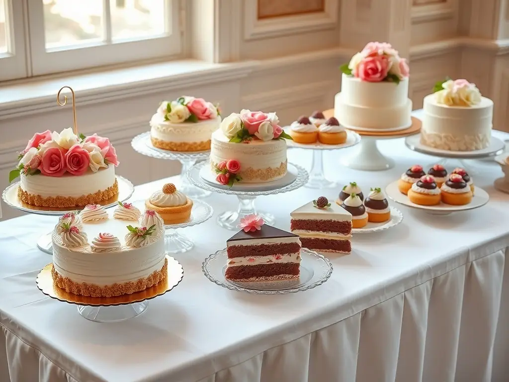 An elegant gluten-free dessert display, featuring a variety of cakes, pastries, and sweets made with gluten-free ingredients, showcasing the attention to detail and quality in Plated Moments' allergy-friendly catering.