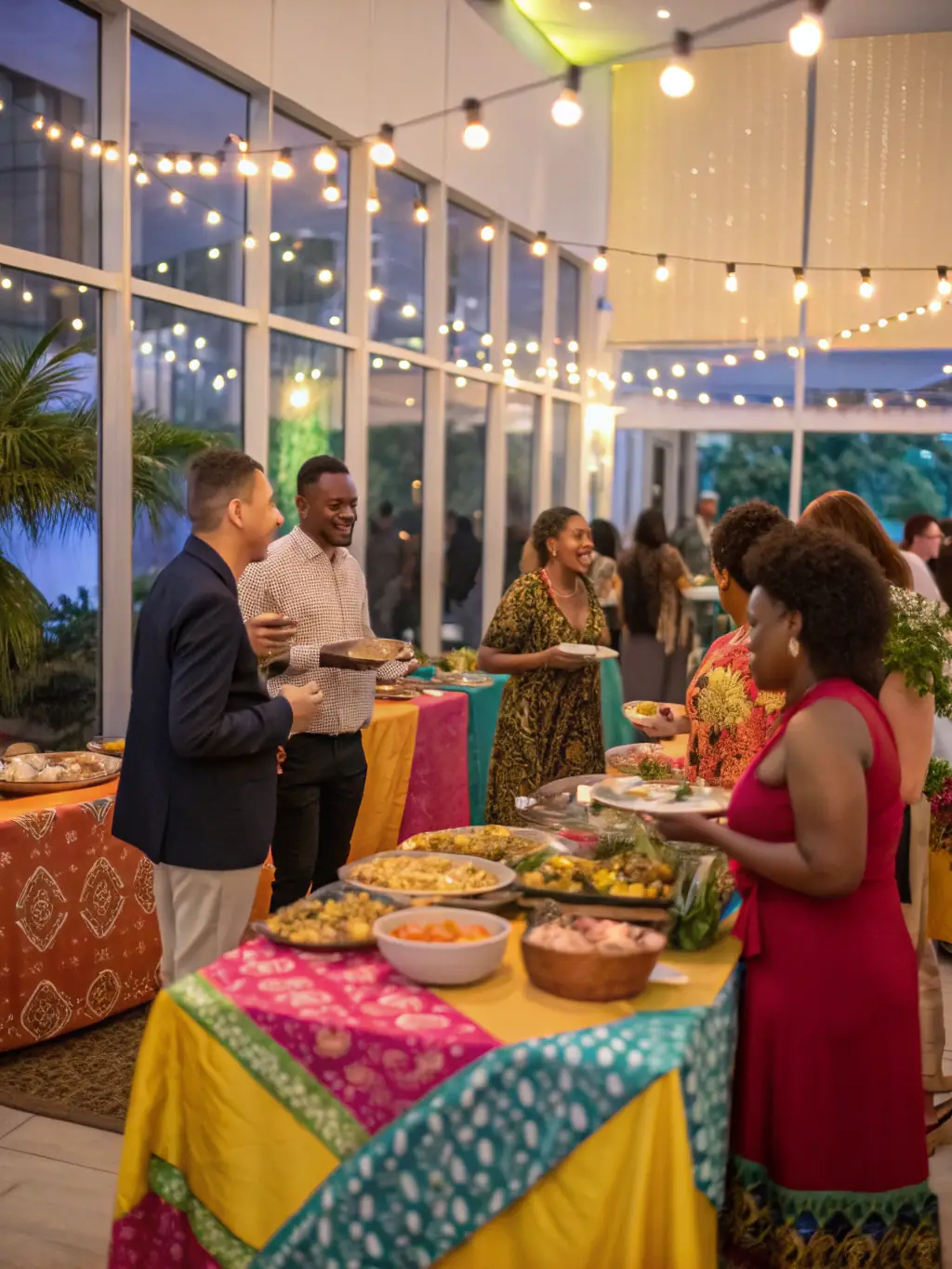 A vibrant party scene with guests enjoying a colorful spread of Mexican and Continental dishes, demonstrating Plated Moments' versatility in catering to festive occasions.