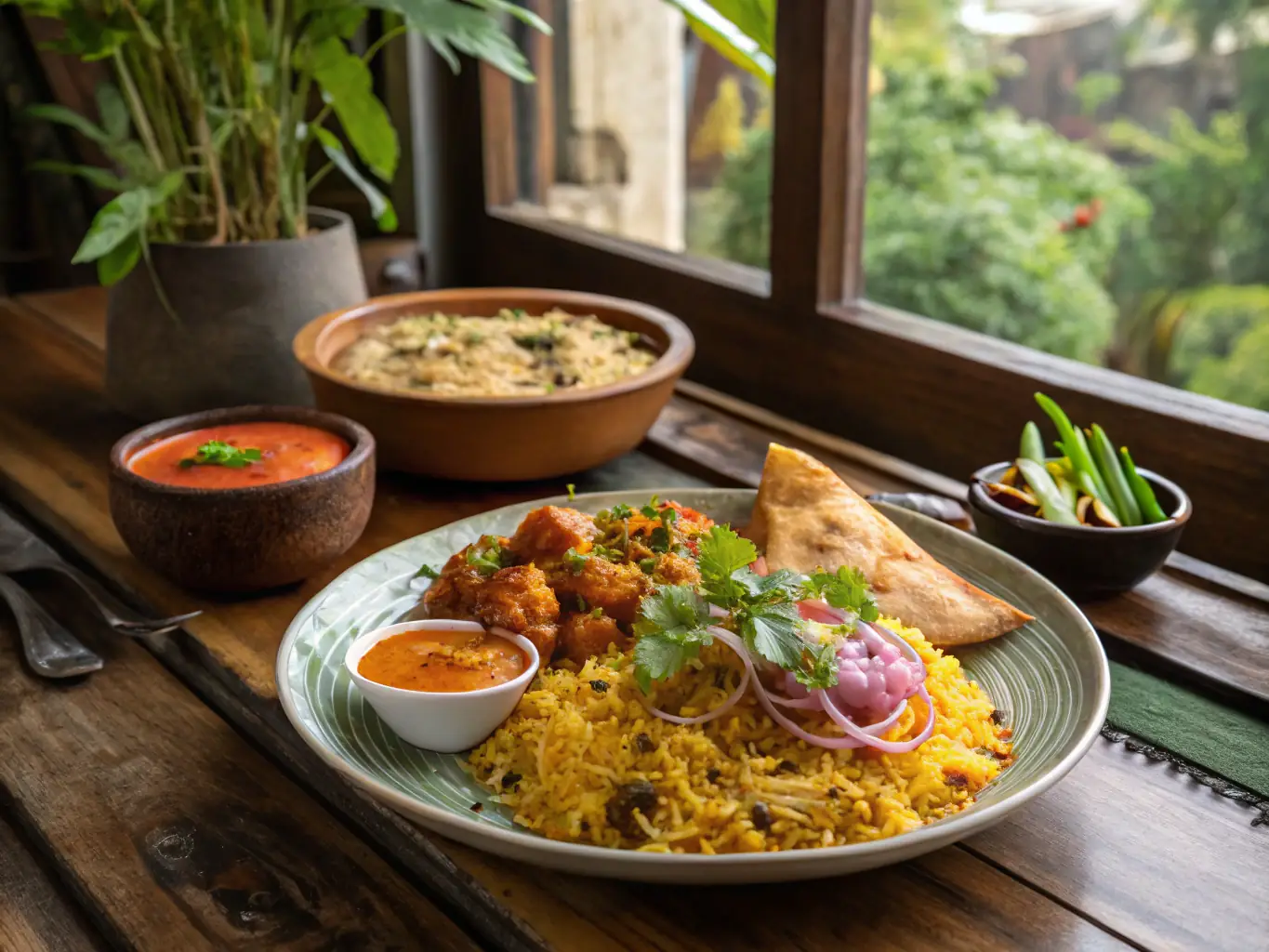 A vibrant and appetizing image of a selection of traditional Indian dishes, showcasing rich colors and textures, perfect for a wedding catering event.